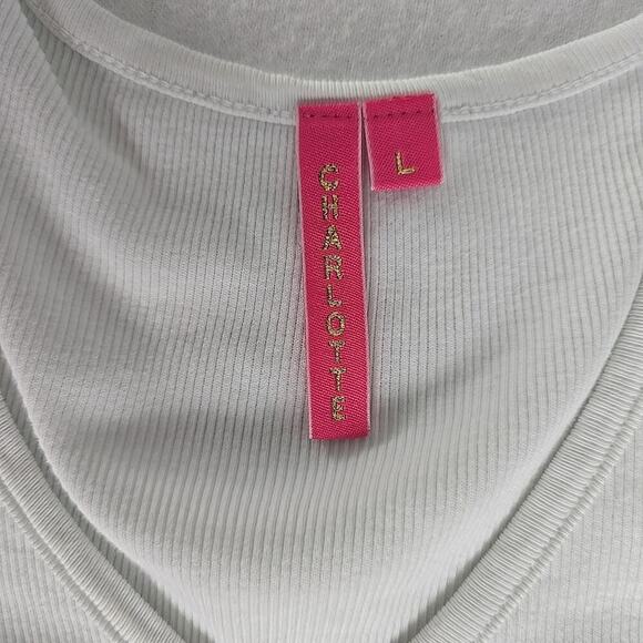 Charlotte Tarantola Ribbed Crystal Button White Fitted Cap Sleeve Top L Y2K‎ - Picture 6 of 10